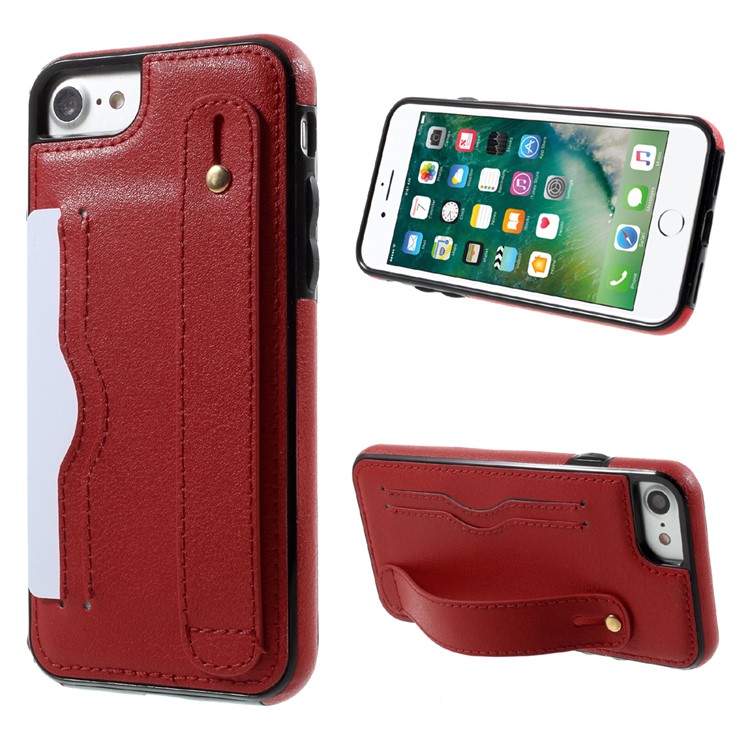 Card Holder PU Leather Coated Soft TPU Case with Handle Strap for iPhone 7 4.7 inch - Red-1