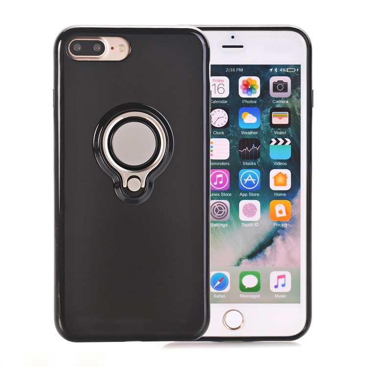 360 Degree Rotary Finger Ring Kickstand Soft TPU Back Case for iPhone7 Plus - Black-1