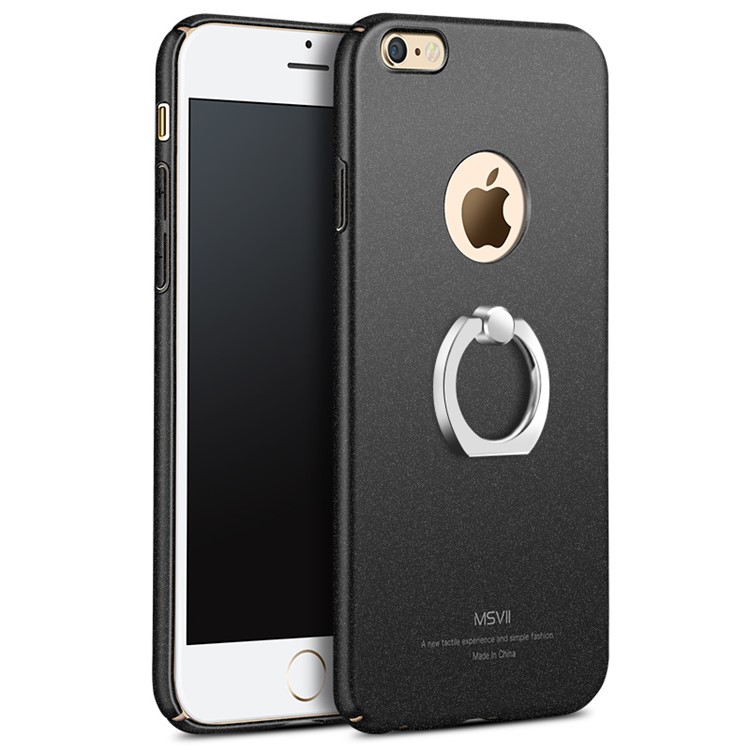 MSVII Ultra-thin Matte Anti-shock Plastic Phone Case with Finger Ring Holder for iPhone 6 6s - Black-1