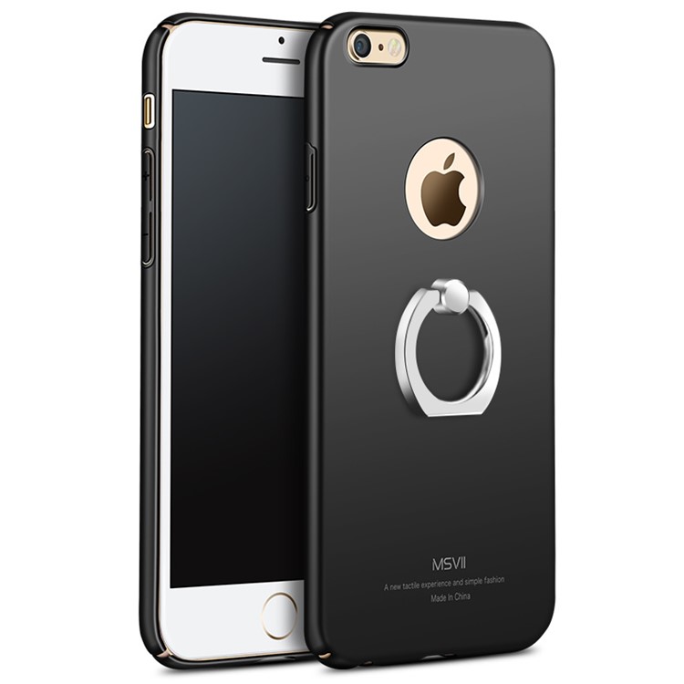 MSVII Ultra-thin Protective Hard Plastic Phone Case with Finger Ring Holder for iPhone 6 / 6s Plus - Black-1