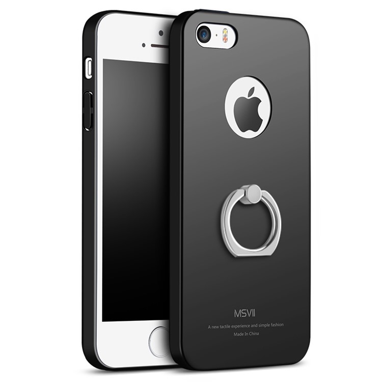MSVII Ultra-thin Anti-shock Ring Kickstand Hard Mobile Phone Case for iPhone SE/5S/5 - Black-1