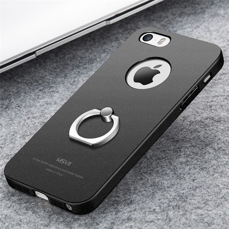 MSVII Ultra-thin Matte Anti-shock Plastic Phone Case with Finger Ring Holder for iphone 5 / 5s / SE - Black-3