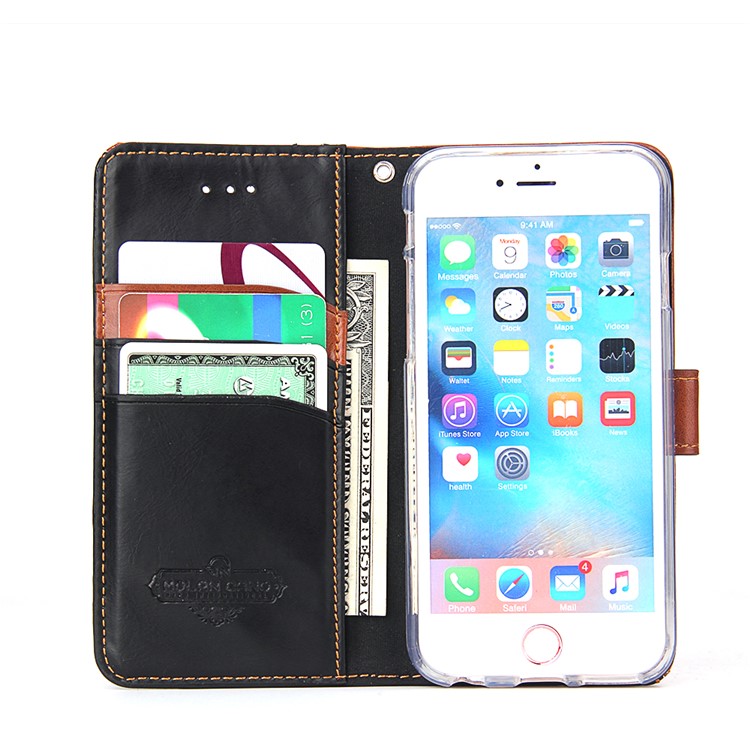 MOLAN CANO Splicing Contrast Color Leather Wallet Stand Phone Case for iPhone 6s 6 4.7 inch - Brown-4
