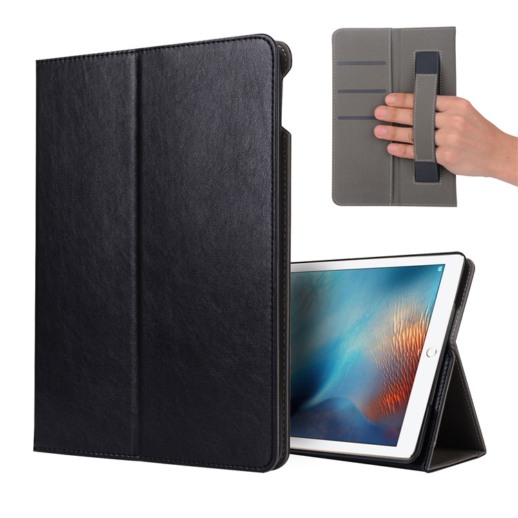 Leather Stand Case with Elastic Hand Strap for iPad 9.7-inch (2017) - Black-1