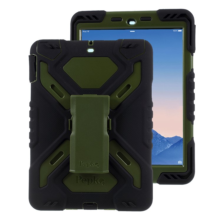 PEPKOO for iPad 9.7 (2018) / 9.7 (2017) Spider Series Heavy Duty PC + Silicone Tablet Protection Shell - Army Green / Black-1