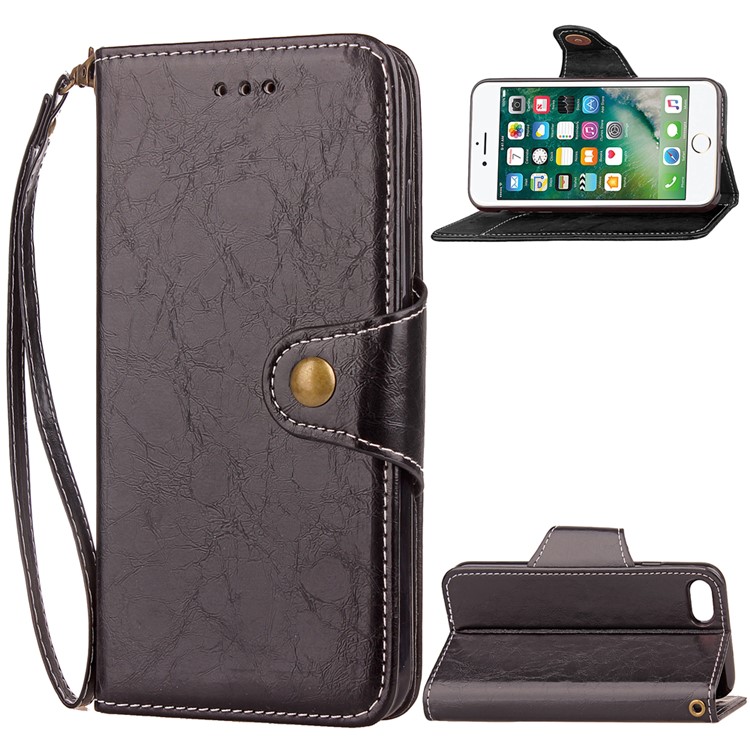 Button Closure PU Leather Wallet Mobile Accessory Phone Case with Lanyard for iPhone 7 - Black-1