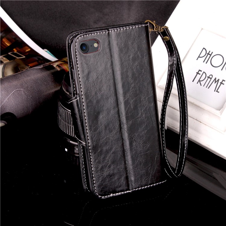 Button Closure PU Leather Wallet Mobile Accessory Phone Case with Lanyard for iPhone 7 - Black-4