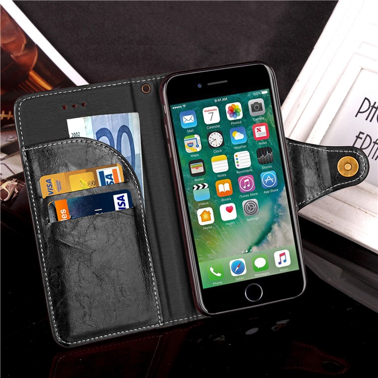 Button Closure PU Leather Wallet Mobile Accessory Phone Case with Lanyard for iPhone 7 - Black-5