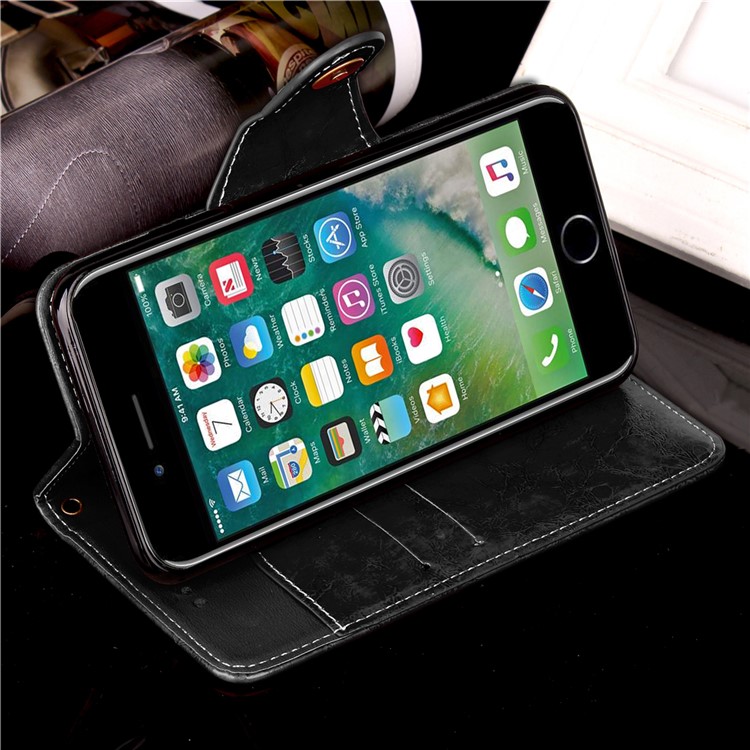 Button Closure PU Leather Wallet Mobile Accessory Phone Case with Lanyard for iPhone 7 - Black-6
