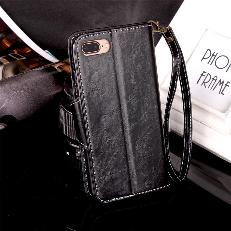 For iPhone 7 Plus 5.5 inch Vintage Button Closure Leather Wallet Phone Case with Lanyard - Black-4