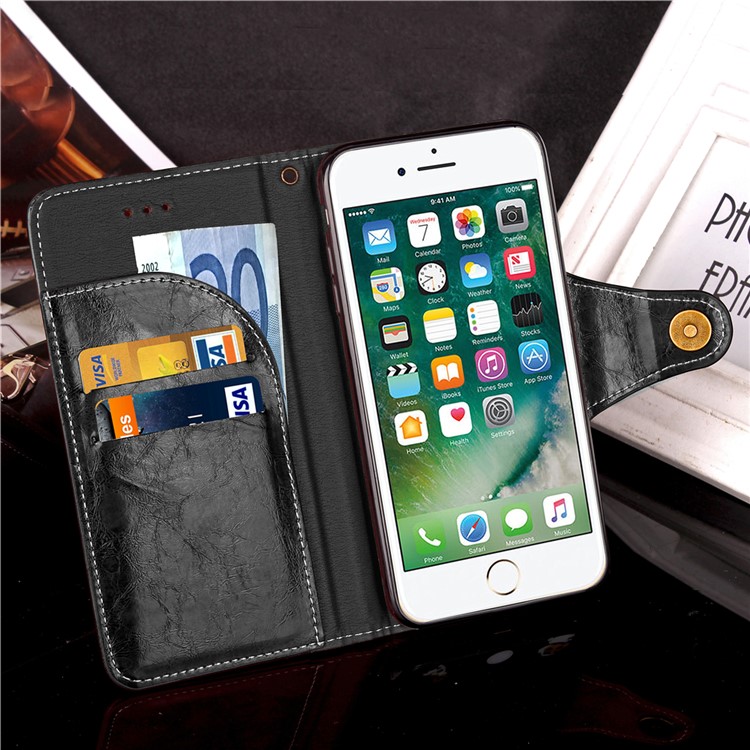 For iPhone 7 Plus 5.5 inch Vintage Button Closure Leather Wallet Phone Case with Lanyard - Black-5