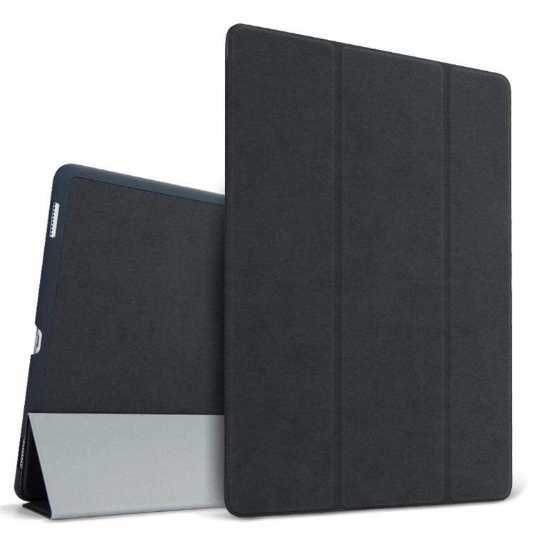 For iPad 9.7-inch (2017) Deer Skin Texture Tri-fold Stand Smart Leather Case - Black-1