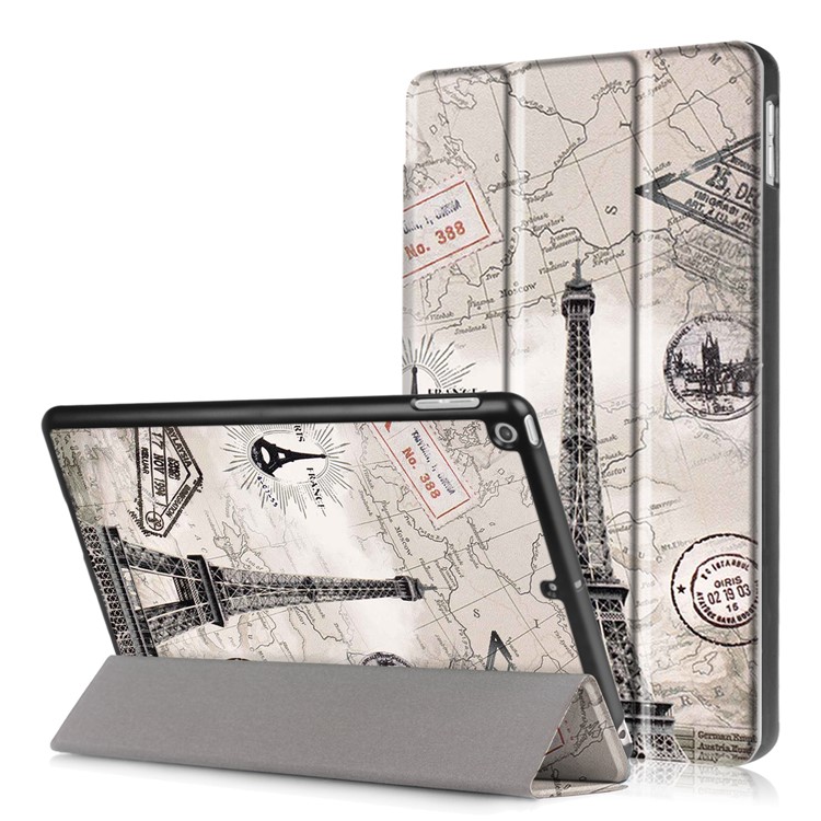 Pattern Printing Leather Tri-fold Stand Protection Shell for iPad 9.7 (2018) / 9.7 (2017) - Eiffel Tower and Map-1