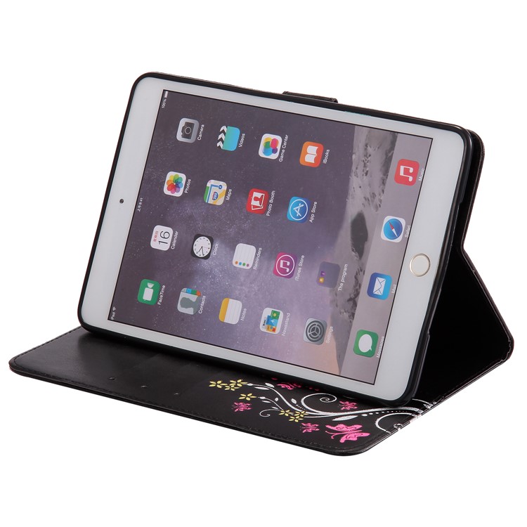 Auto-wake/sleep Glitter Imprinted Butterfly Flower Wallet Leather Case with Stand for iPad Mini 3 2 1 - Black-6