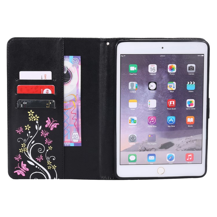 Auto-wake/sleep Glitter Imprinted Butterfly Flower Wallet Leather Case with Stand for iPad Mini 3 2 1 - Black-7