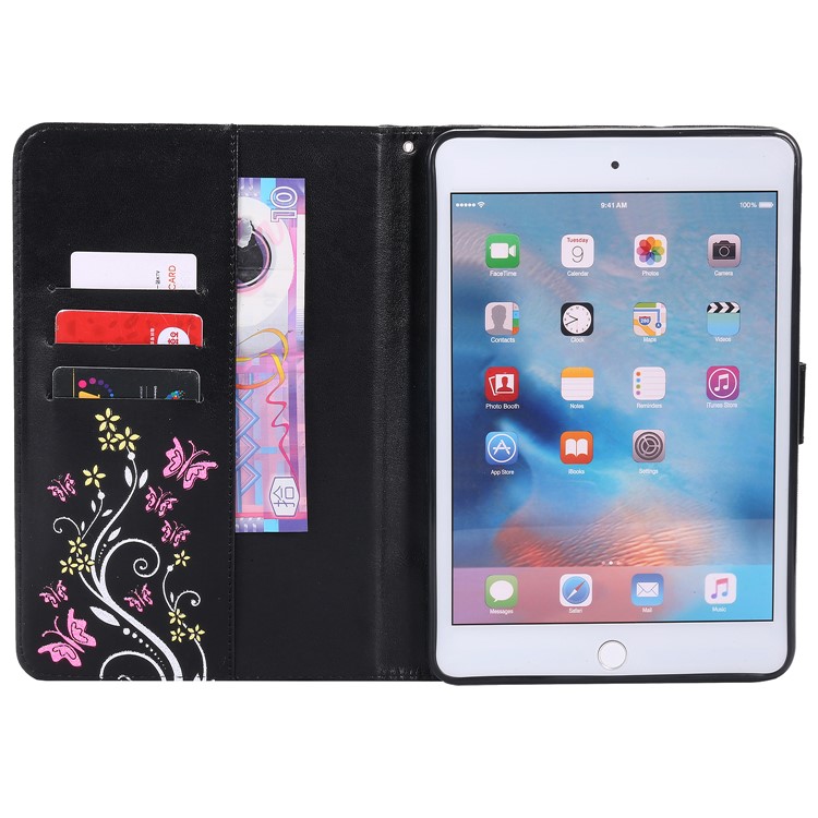 For iPad mini 4 Glittery Powder Imprint Butterfly Flower Leather Smart Shell for iPad mini 4 - Black-7