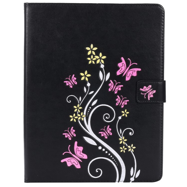 Auto-wake/sleep Glitter Imprinted Butterfly Flower Wallet Leather Case with Stand for iPad 2 / 3 / 4 - Black-1
