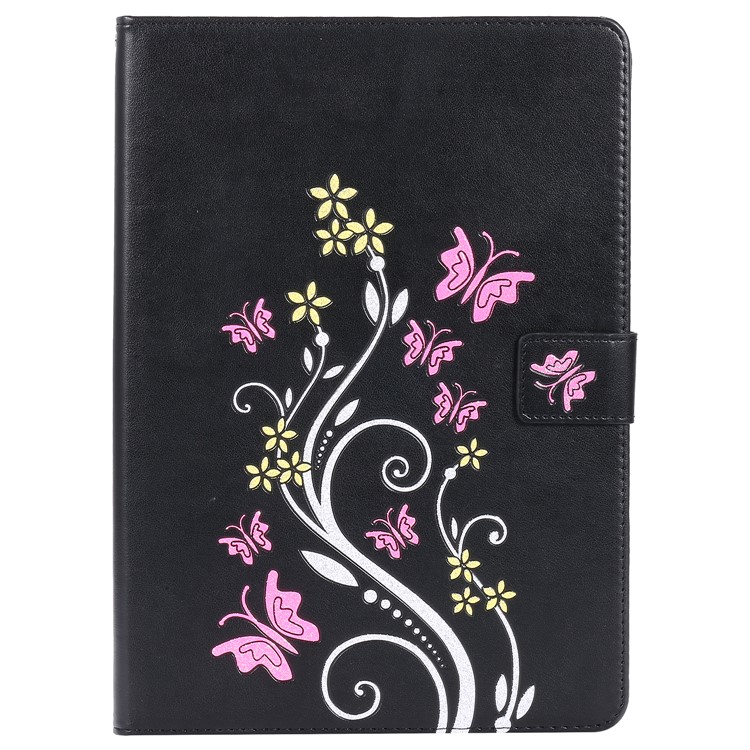 For iPad Air Glittery Powder Imprint Butterfly Flower Leather Smart Cover - Black-1