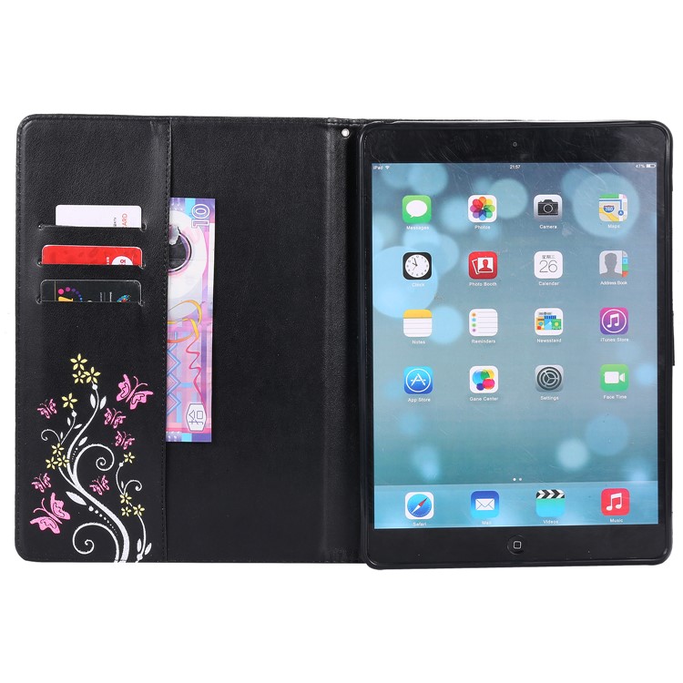 For iPad Air Glittery Powder Imprint Butterfly Flower Leather Smart Cover - Black-7