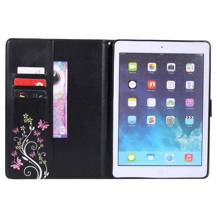Auto-wake/sleep Glitter Imprinted Butterfly Flower Wallet Leather Case with Stand for iPad Air 2 - Black-7