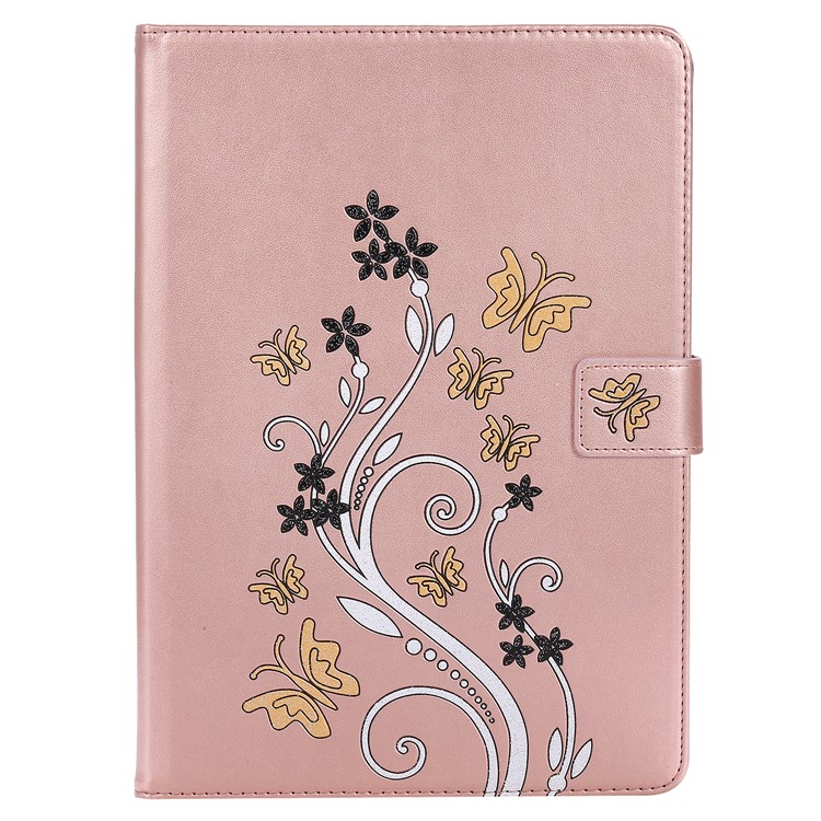 

Auto-wake/sleep Glitter Imprinted Butterfly Flower Leather Wallet Protective Casing with Stand for iPad Air 2 - Rose Gold