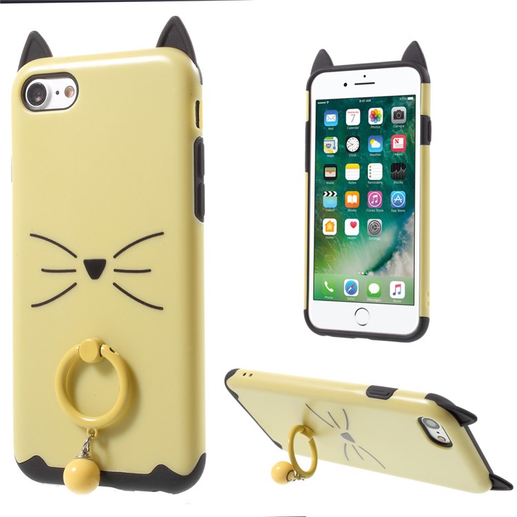 3D Bearded Cat PC+TPU Combo Mobile Cover with Ring Holder for iPhone 7 - Yellow-1