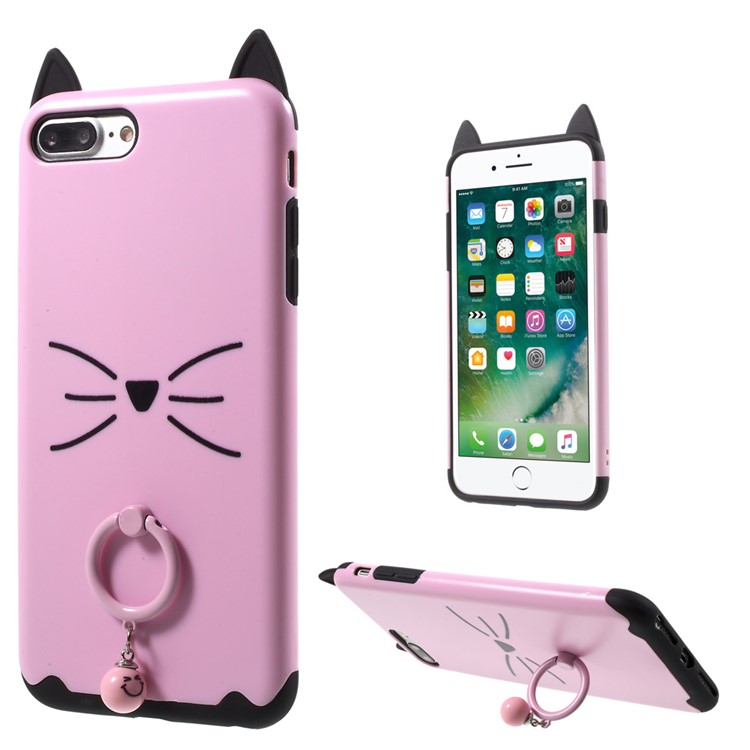 Mustache Cat PC+TPU Case with Metal Ring Stand for iPhone 7 Plus 5.5 inch - Pink-1