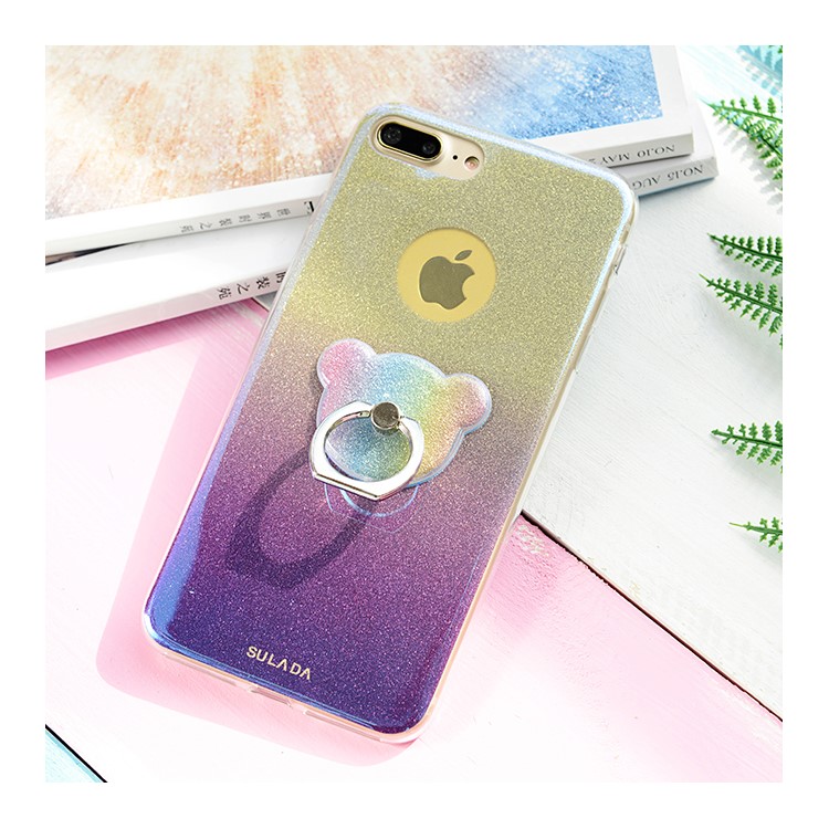 

SULADA Gradient Color Glitter Powder TPU Mobile Phone Casing with Finger Ring Kickstand for iPhone 8 Plus / 7 Plus 5.5 inch - Purple