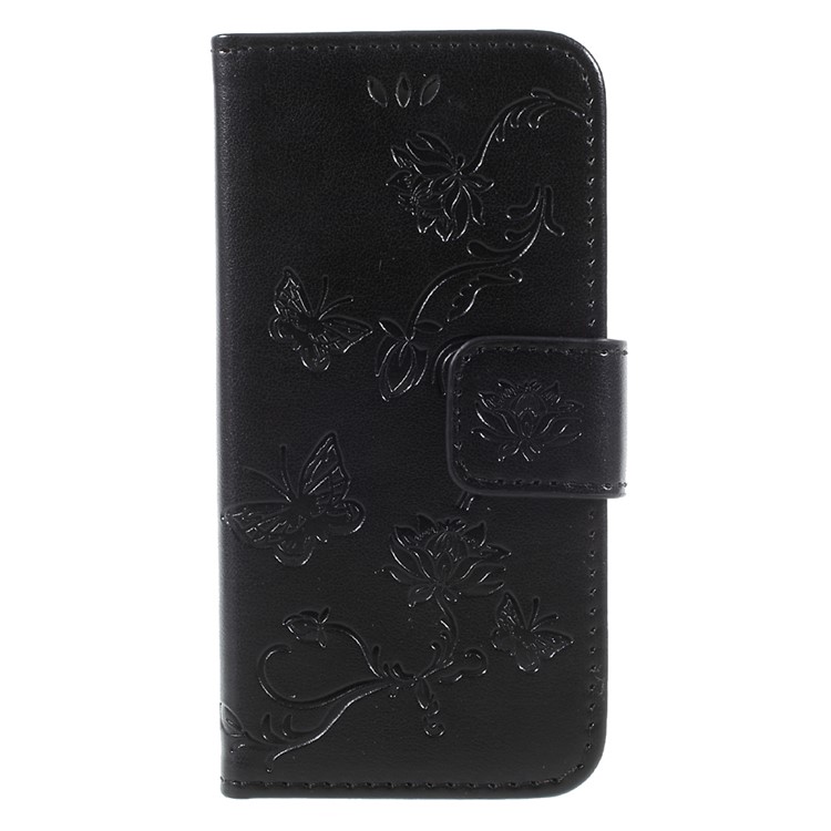 Imprint Butterfly and Flower PU Leather Stand Wallet Phone Case for iphone 5 / 5s / SE - Black-1