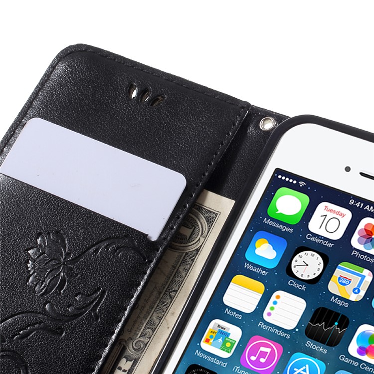 Imprint Butterfly and Flower PU Leather Stand Wallet Phone Case for iphone 5 / 5s / SE - Black-10