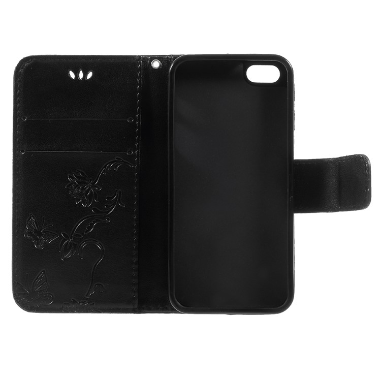 Imprint Butterfly and Flower PU Leather Stand Wallet Phone Case for iphone 5 / 5s / SE - Black-11