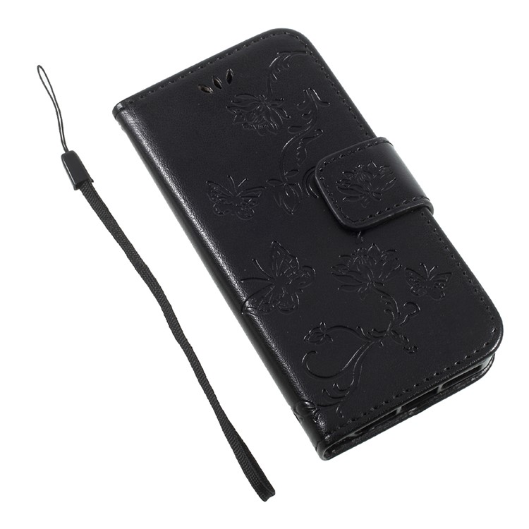 Imprint Butterfly and Flower PU Leather Stand Wallet Phone Case for iphone 5 / 5s / SE - Black-12