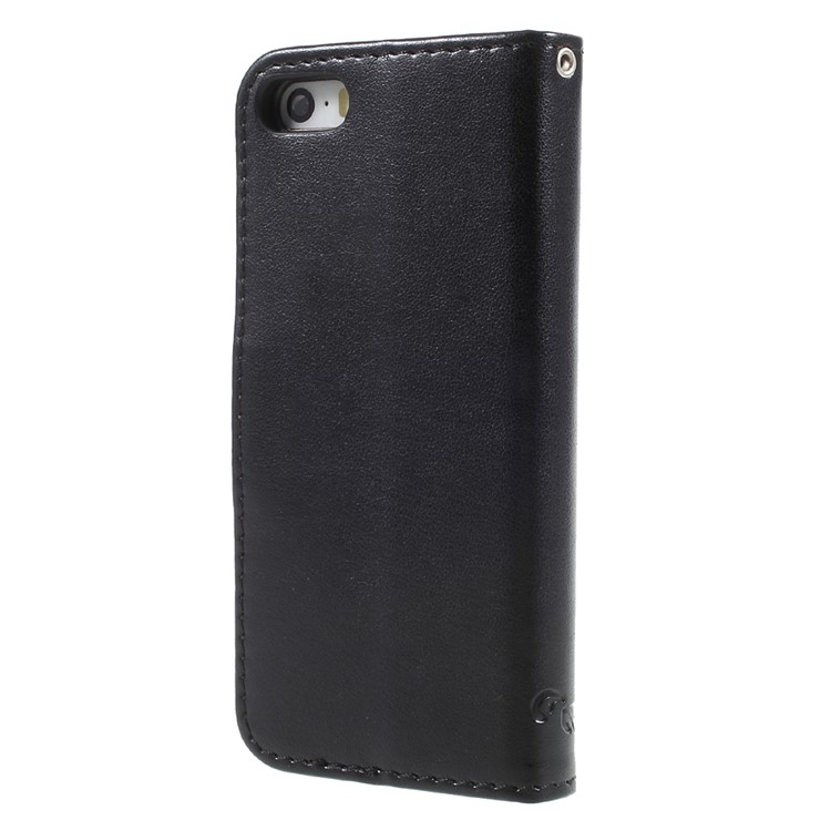 Imprint Butterfly and Flower PU Leather Stand Wallet Phone Case for iphone 5 / 5s / SE - Black-2