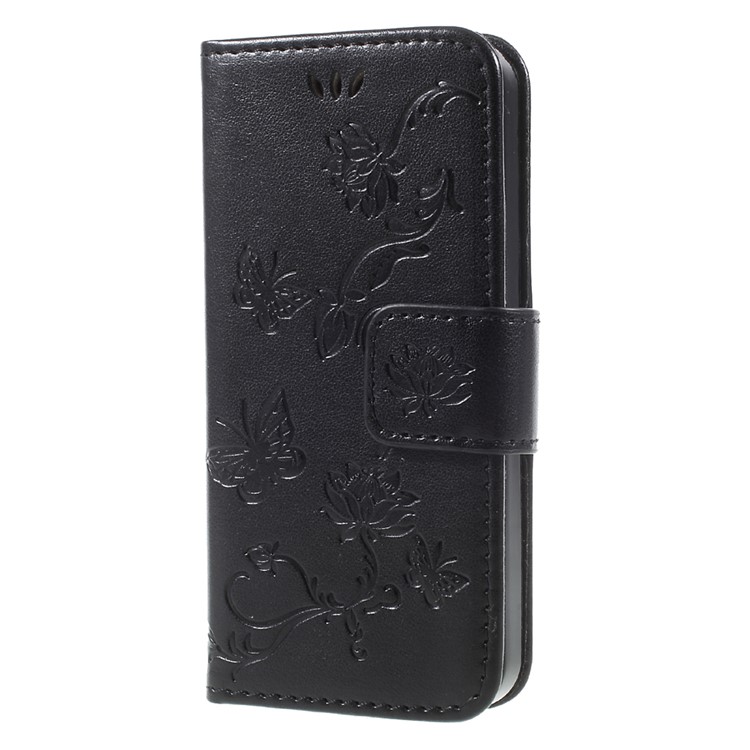 Imprint Butterfly and Flower PU Leather Stand Wallet Phone Case for iphone 5 / 5s / SE - Black-3