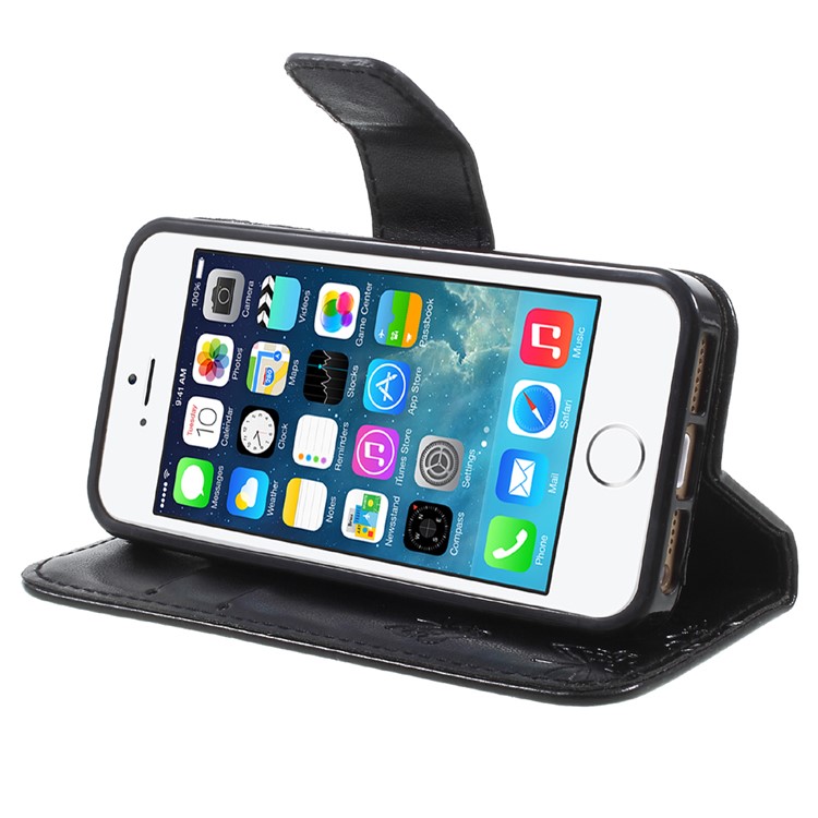 Imprint Butterfly and Flower PU Leather Stand Wallet Phone Case for iphone 5 / 5s / SE - Black-4