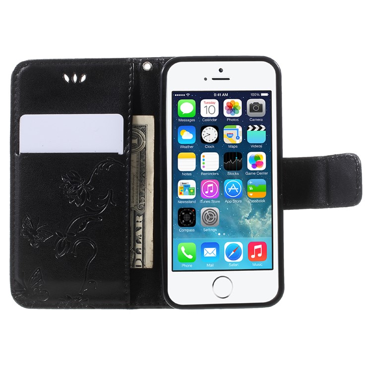 Imprint Butterfly and Flower PU Leather Stand Wallet Phone Case for iphone 5 / 5s / SE - Black-6
