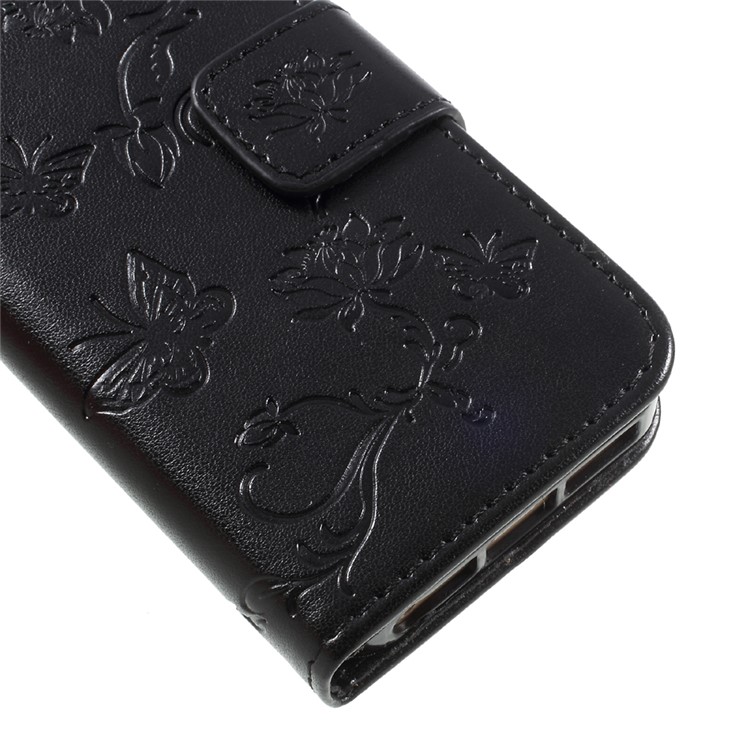 Imprint Butterfly and Flower PU Leather Stand Wallet Phone Case for iphone 5 / 5s / SE - Black-7