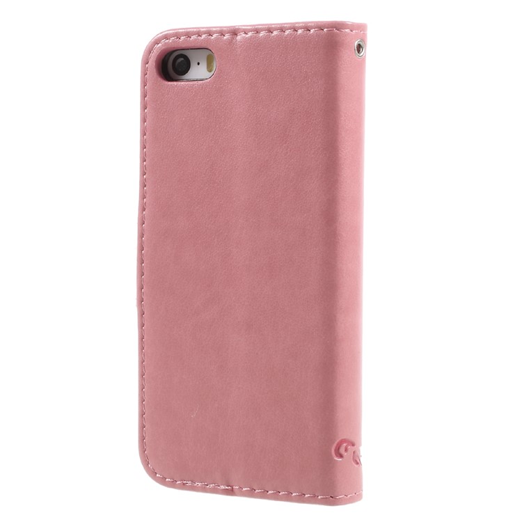 Imprint Butterfly and Flower PU Leather Wallet Mobile Case for iphone 5 / 5s / SE - Pink-2