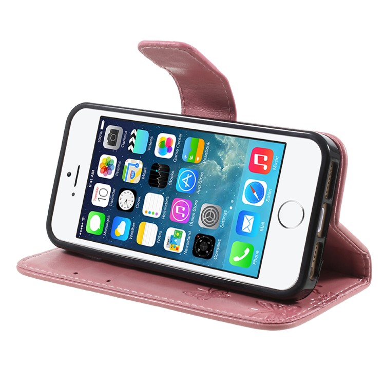 Imprint Butterfly and Flower PU Leather Wallet Mobile Case for iphone 5 / 5s / SE - Pink-4