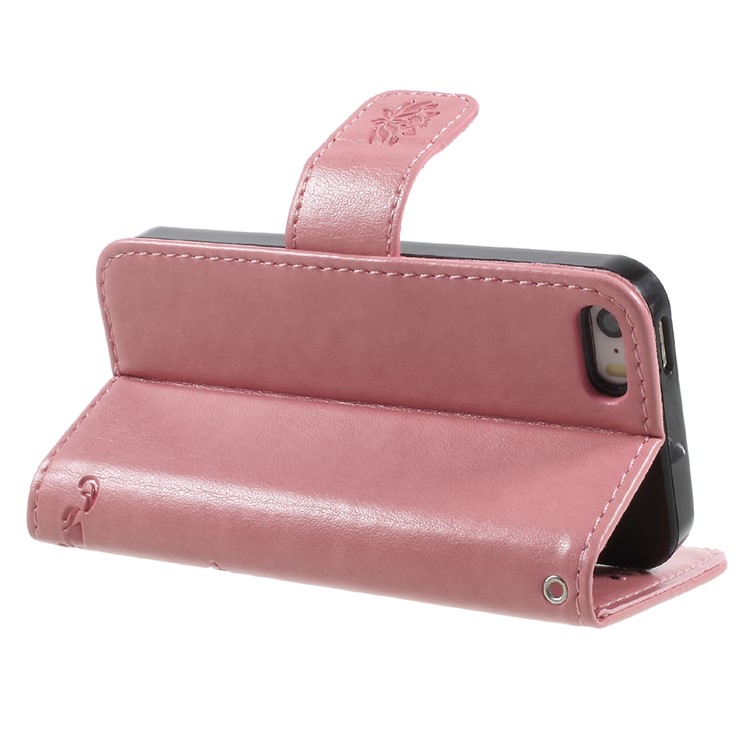 Imprint Butterfly and Flower PU Leather Wallet Mobile Case for iphone 5 / 5s / SE - Pink-5