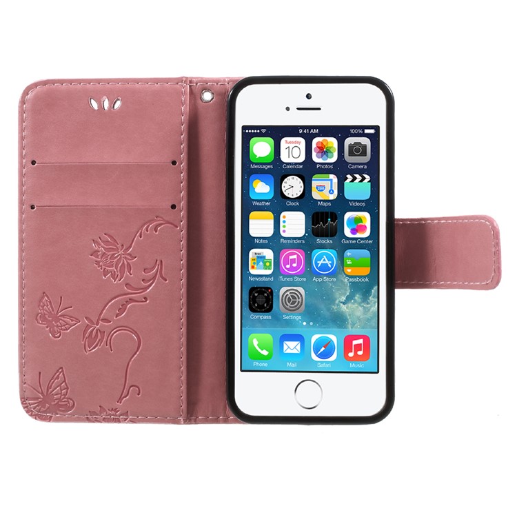 Imprint Butterfly and Flower PU Leather Wallet Mobile Case for iphone 5 / 5s / SE - Pink-6