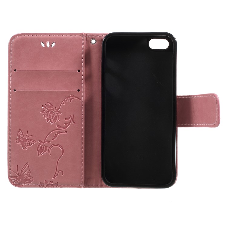 Imprint Butterfly and Flower PU Leather Wallet Mobile Case for iphone 5 / 5s / SE - Pink-7