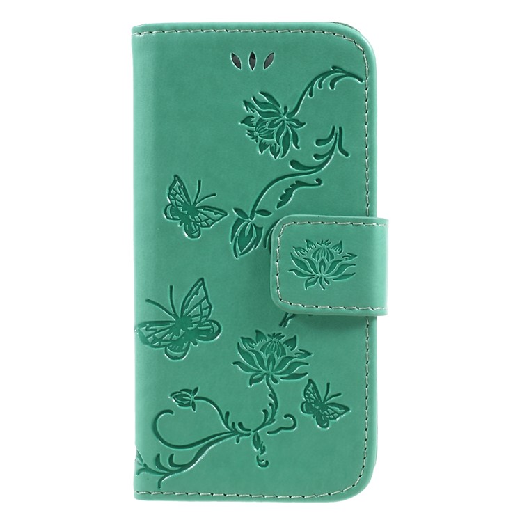 Imprint Butterfly and Flower PU Leather Wallet Copertura Shell with Stand for iphone 5 / 5s / SE - Cyan -1