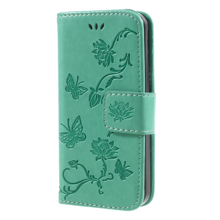 Imprint Butterfly and Flower PU Leather Wallet Copertura Shell with Stand for iphone 5 / 5s / SE - Cyan -3