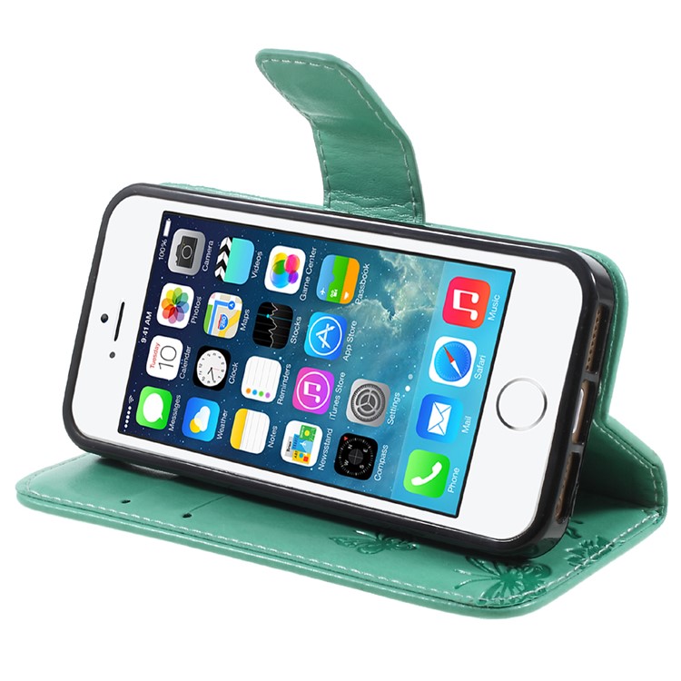 Imprint Butterfly and Flower PU Leather Wallet Copertura Shell with Stand for iphone 5 / 5s / SE - Cyan -4