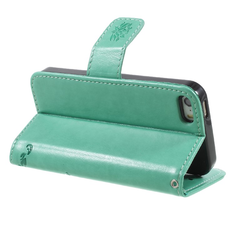 Imprint Butterfly and Flower PU Leather Wallet Copertura Shell with Stand for iphone 5 / 5s / SE - Cyan -5