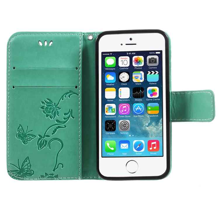 Imprint Butterfly and Flower PU Leather Wallet Copertura Shell with Stand for iphone 5 / 5s / SE - Cyan -6