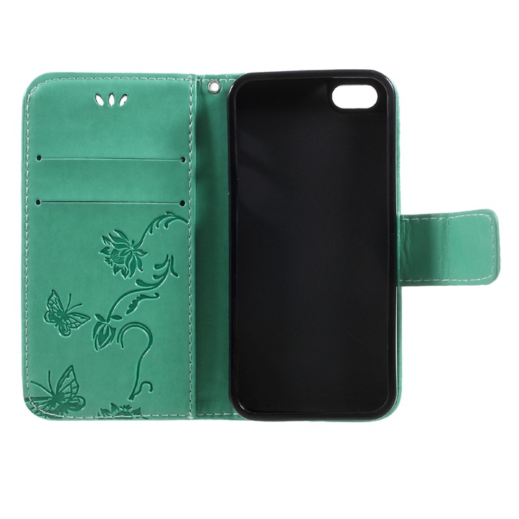 Imprint Butterfly and Flower PU Leather Wallet Copertura Shell with Stand for iphone 5 / 5s / SE - Cyan -7
