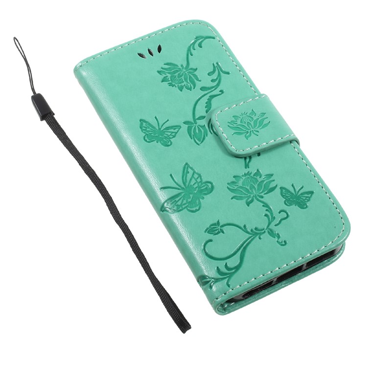 Imprint Butterfly and Flower PU Leather Wallet Copertura Shell with Stand for iphone 5 / 5s / SE - Cyan -8