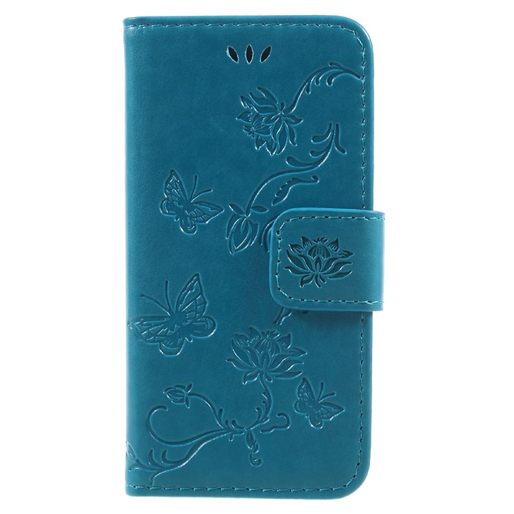 Impressum Schmetterling und Blume PU-Leder-Shell-Kasten mit Standplatz für iphone 5 / 5s / SE - Blau-1